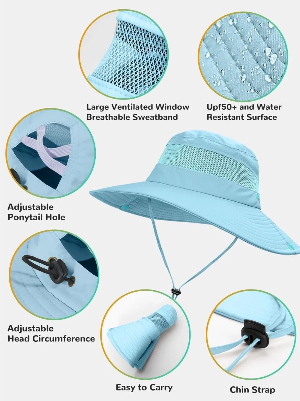 Sun Bucket Beach Hats for Women with Ponytail Hole,Sun Protection UV UPF50  Waterproof Fishing Safari Hiking Hat