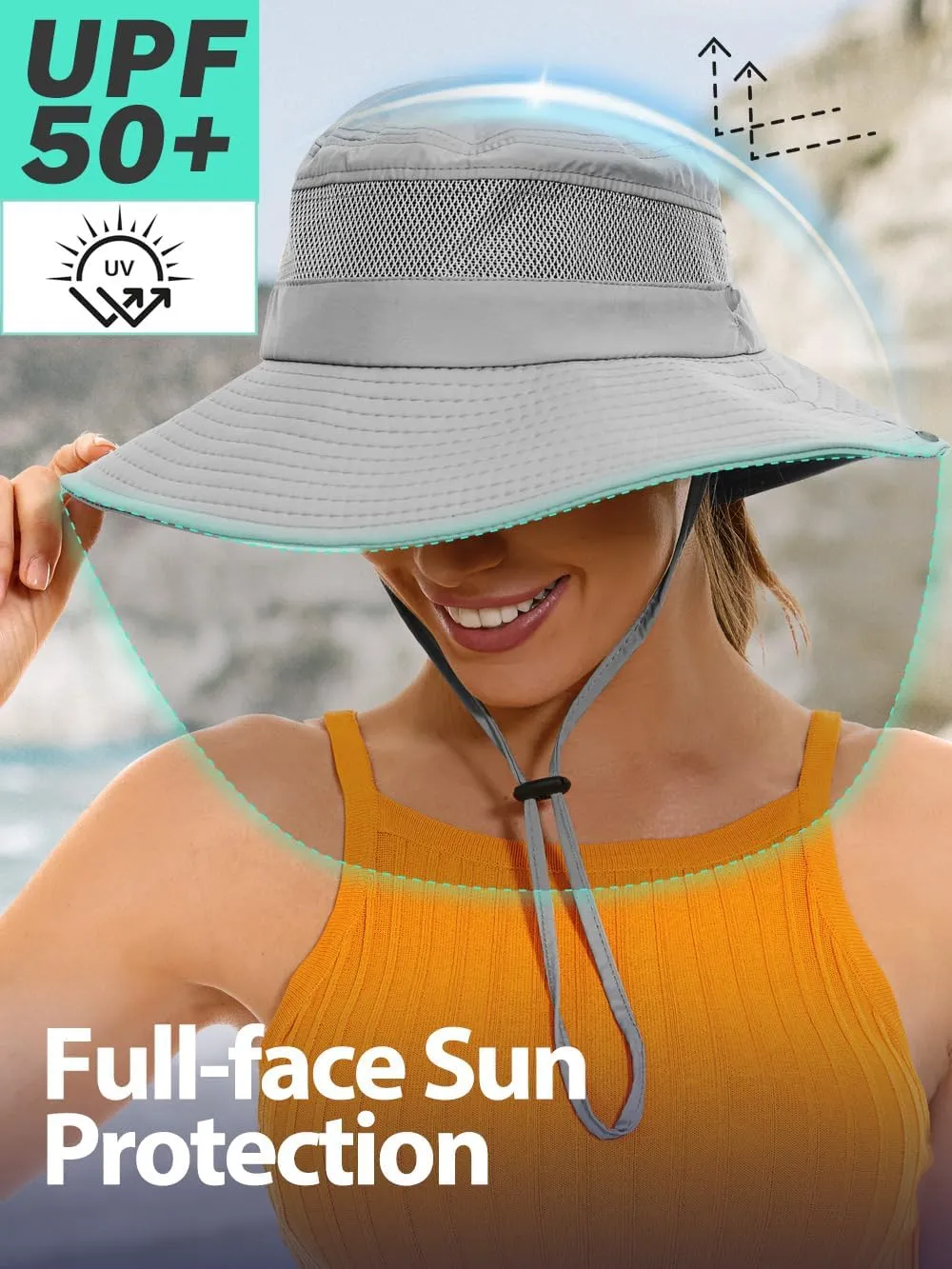 Sun Bucket Beach Hats for Women with Ponytail Hole,Sun Protection UV UPF50  Waterproof Fishing Safari Hiking Hat