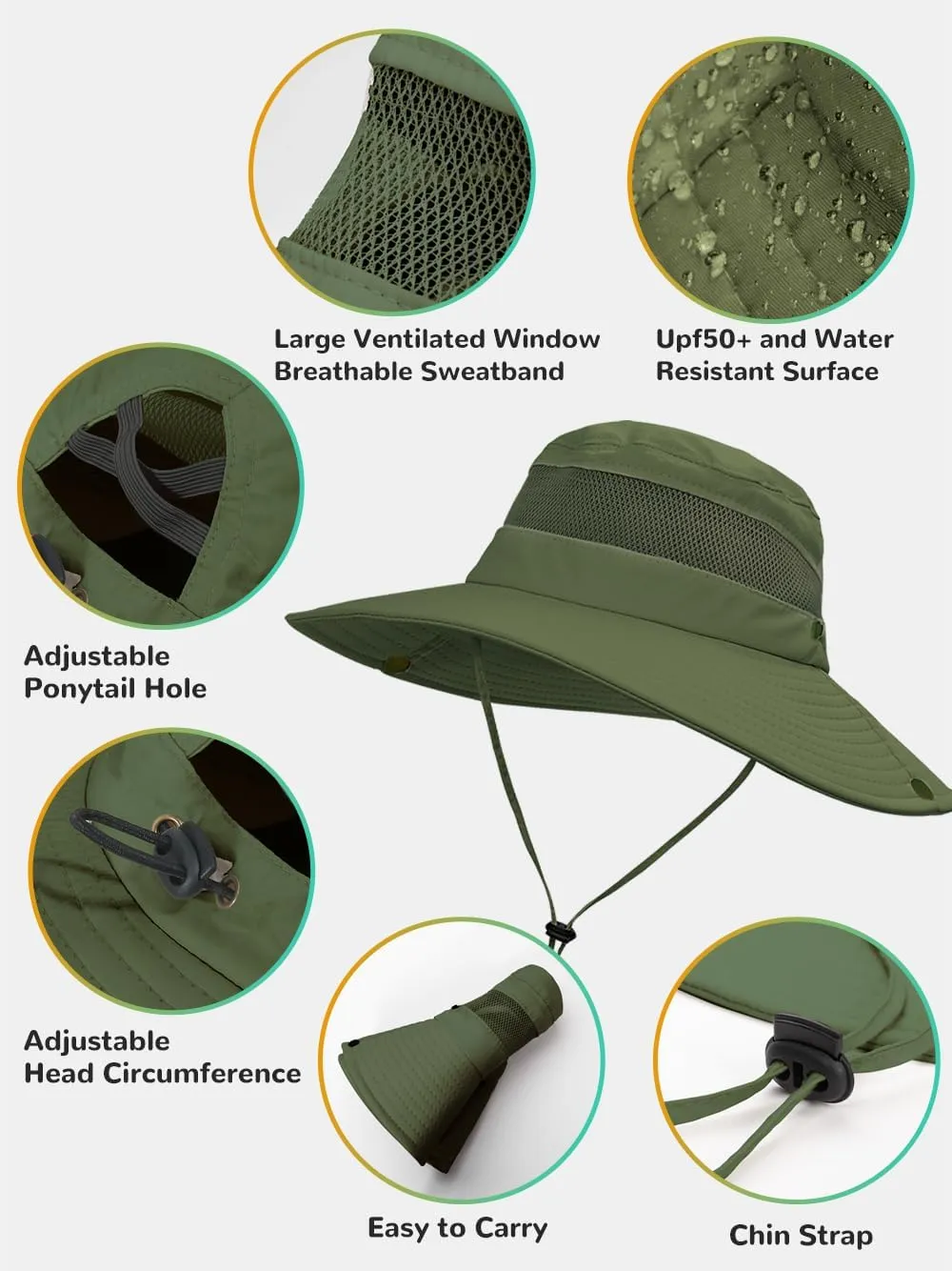 Sun Bucket Beach Hats for Women with Ponytail Hole,Sun Protection UV UPF50  Waterproof Fishing Safari Hiking Hat