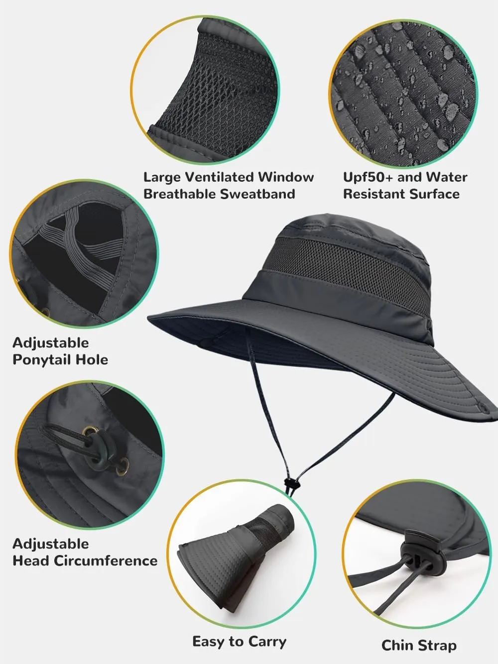 Sun Bucket Beach Hats for Women with Ponytail Hole,Sun Protection UV UPF50  Waterproof Fishing Safari Hiking Hat