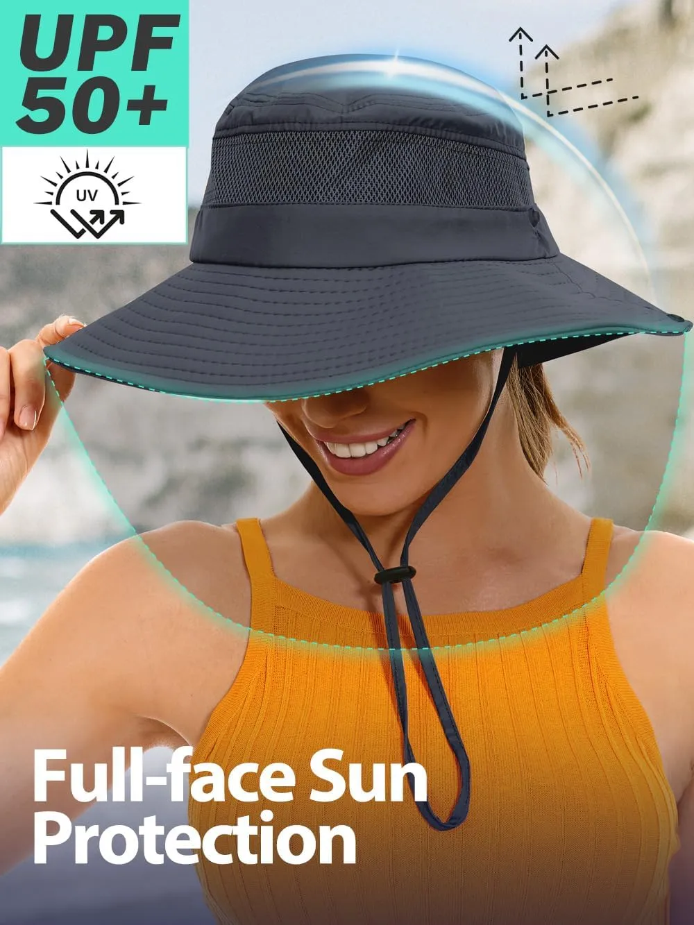 Sun Bucket Beach Hats for Women with Ponytail Hole,Sun Protection UV UPF50  Waterproof Fishing Safari Hiking Hat