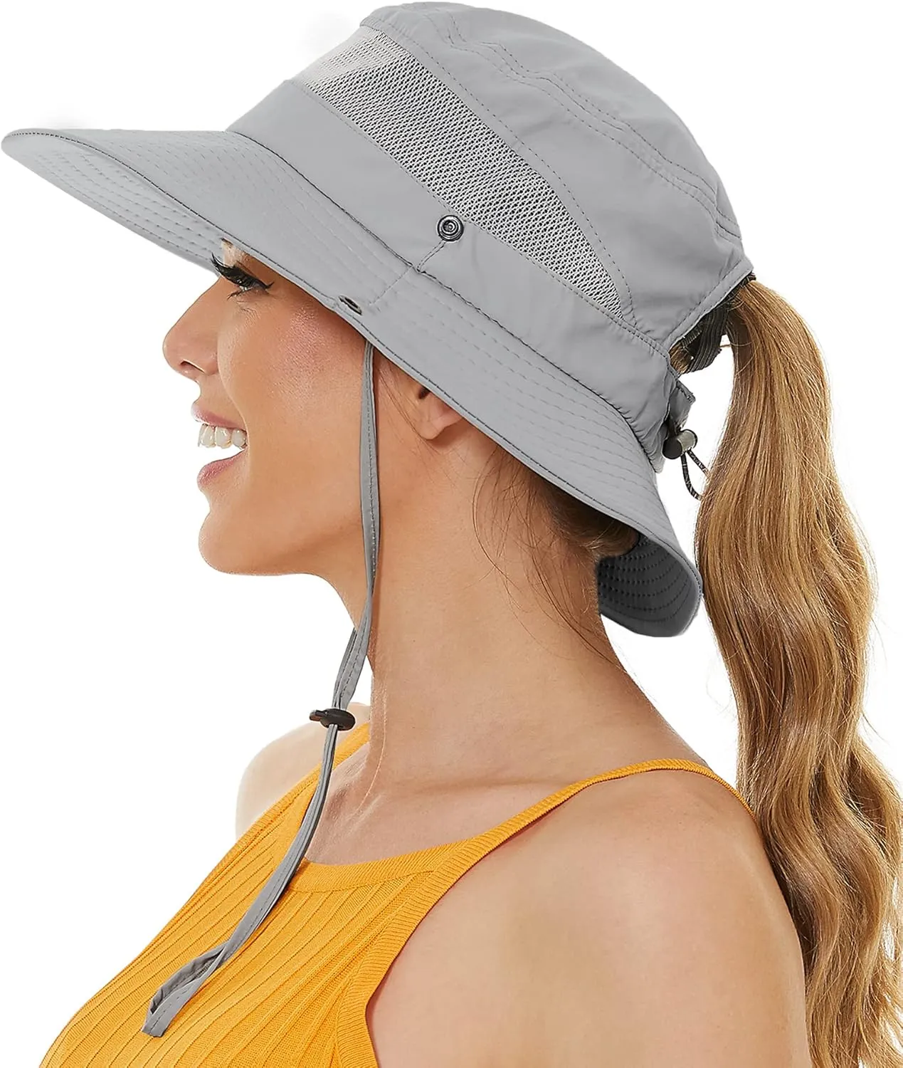 Sun Bucket Beach Hats for Women with Ponytail Hole,Sun Protection UV UPF50  Waterproof Fishing Safari Hiking Hat