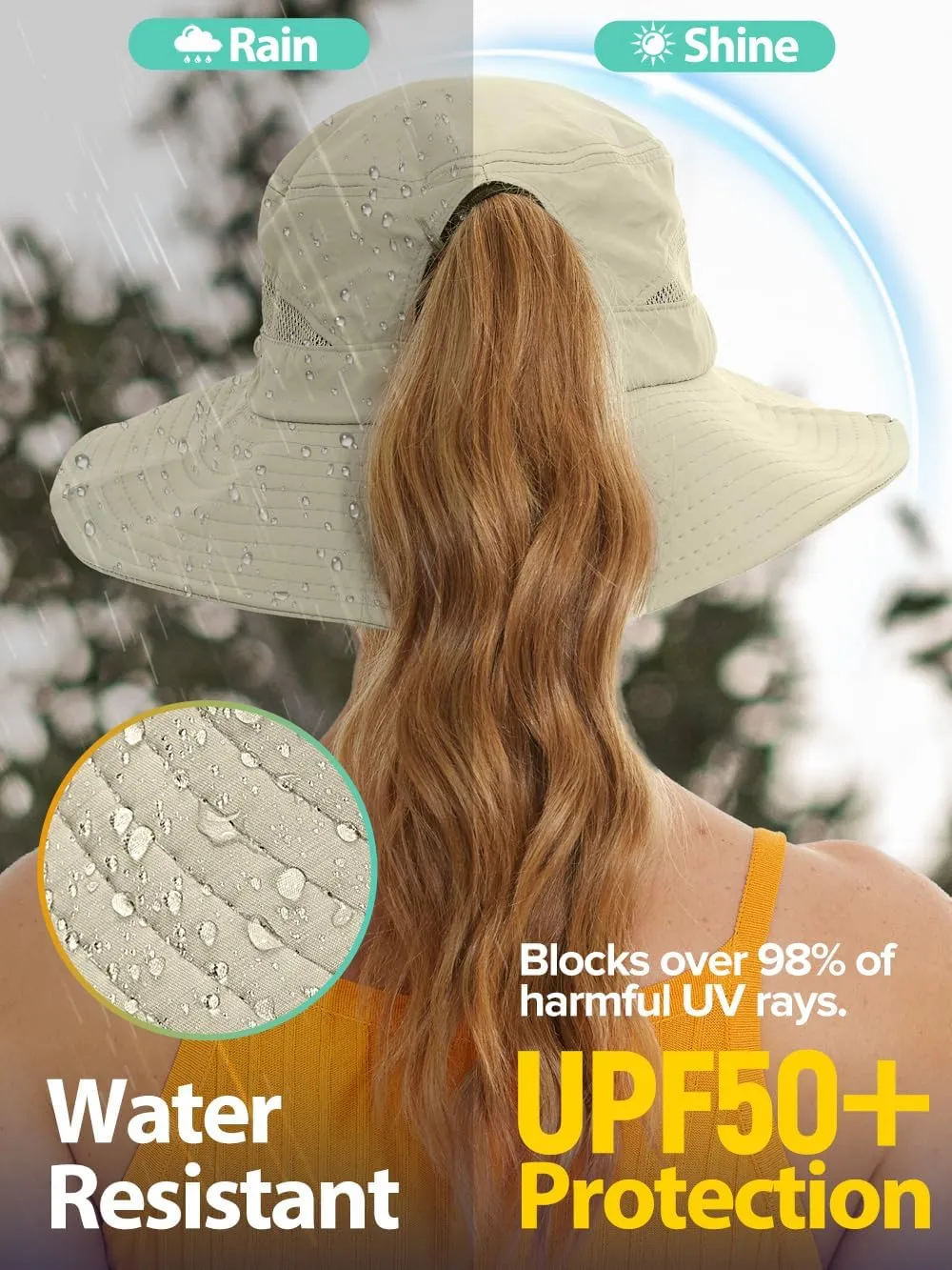 Sun Bucket Beach Hats for Women with Ponytail Hole,Sun Protection UV UPF50  Waterproof Fishing Safari Hiking Hat