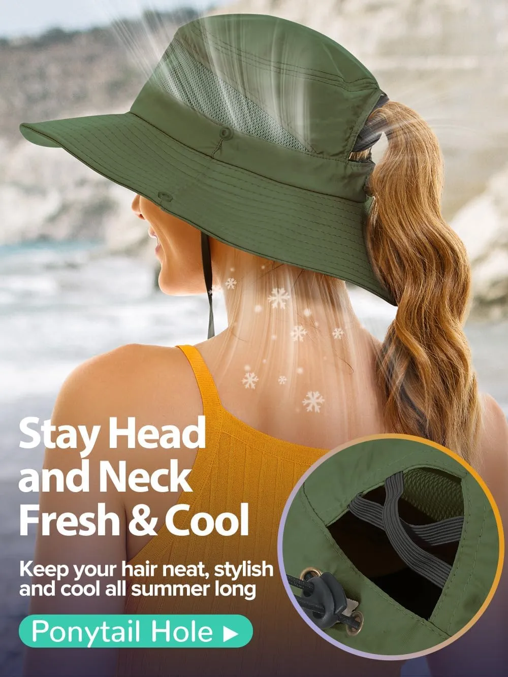 Sun Bucket Beach Hats for Women with Ponytail Hole,Sun Protection UV UPF50  Waterproof Fishing Safari Hiking Hat