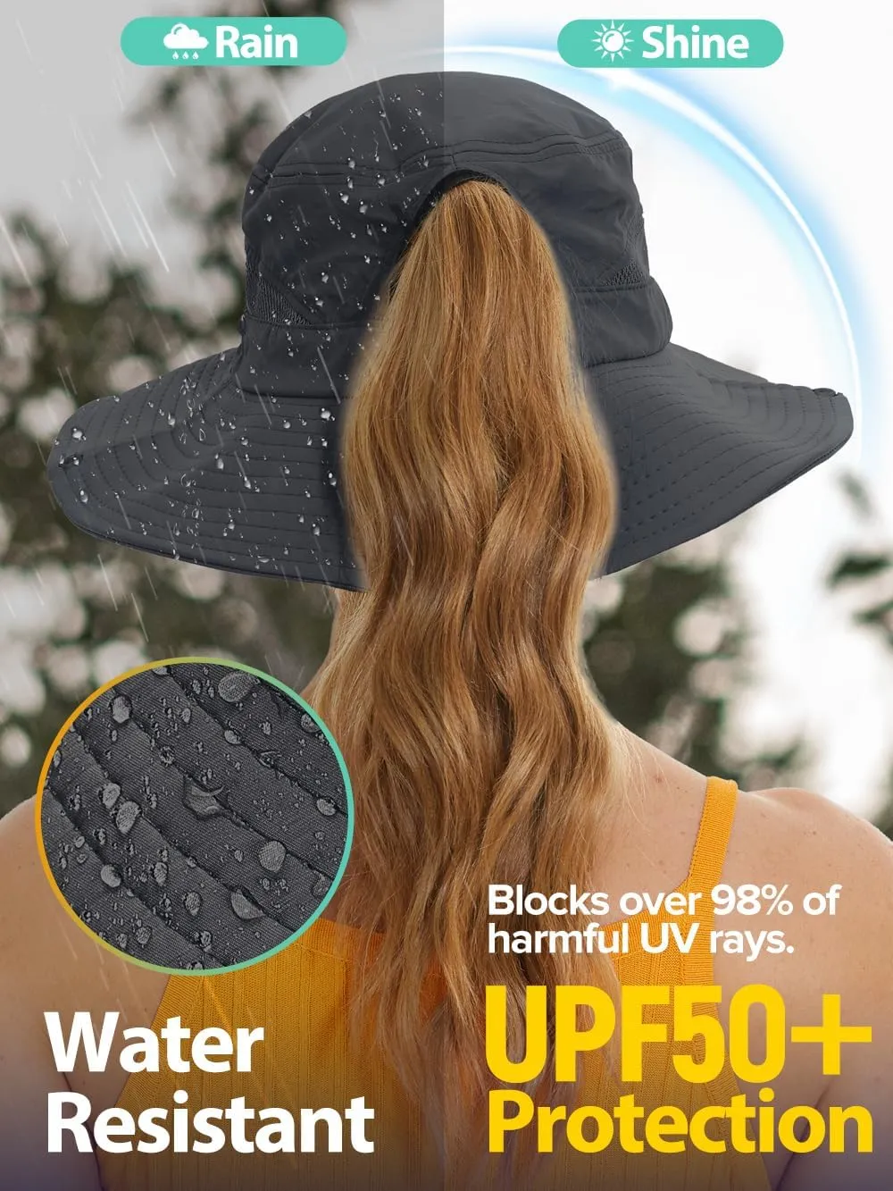 Sun Bucket Beach Hats for Women with Ponytail Hole,Sun Protection UV UPF50  Waterproof Fishing Safari Hiking Hat
