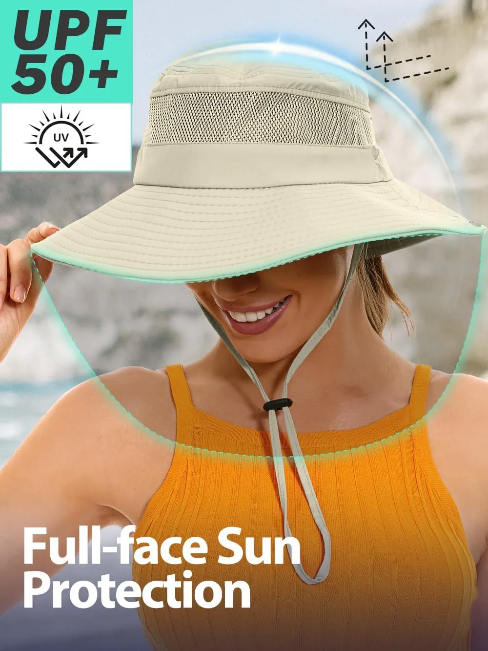 Sun Bucket Beach Hats for Women with Ponytail Hole,Sun Protection UV UPF50  Waterproof Fishing Safari Hiking Hat