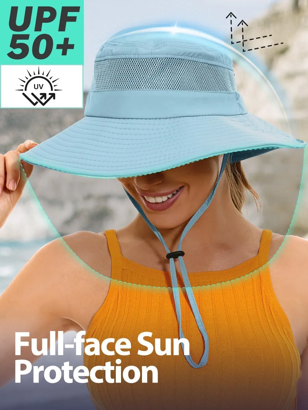 Sun Bucket Beach Hats for Women with Ponytail Hole,Sun Protection UV UPF50  Waterproof Fishing Safari Hiking Hat