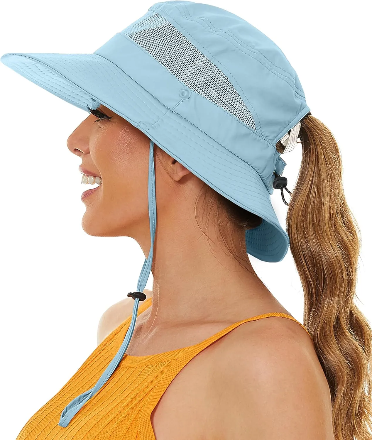 Sun Bucket Beach Hats for Women with Ponytail Hole,Sun Protection UV UPF50  Waterproof Fishing Safari Hiking Hat