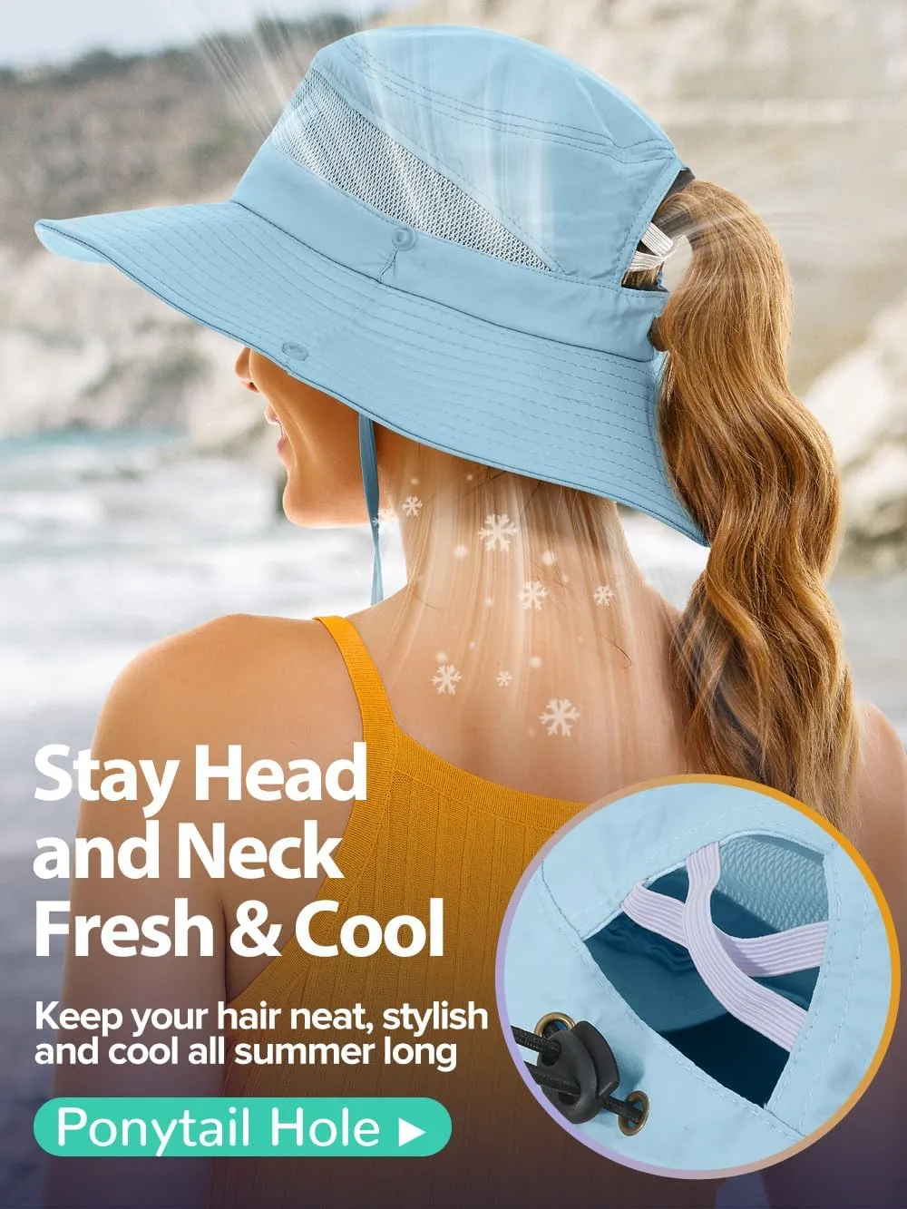 Sun Bucket Beach Hats for Women with Ponytail Hole,Sun Protection UV UPF50  Waterproof Fishing Safari Hiking Hat