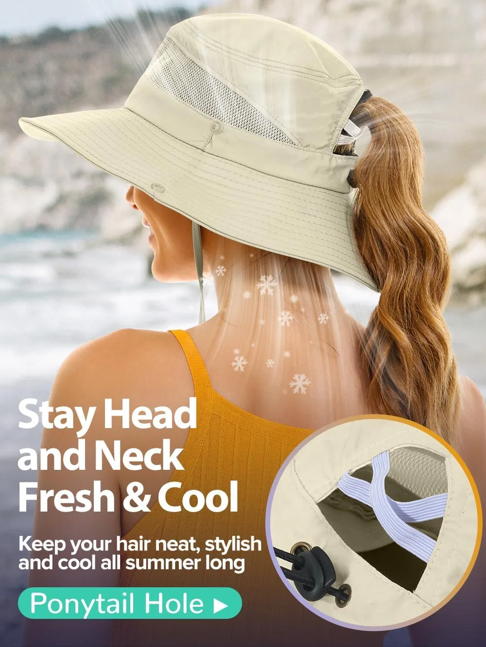 Sun Bucket Beach Hats for Women with Ponytail Hole,Sun Protection UV UPF50  Waterproof Fishing Safari Hiking Hat