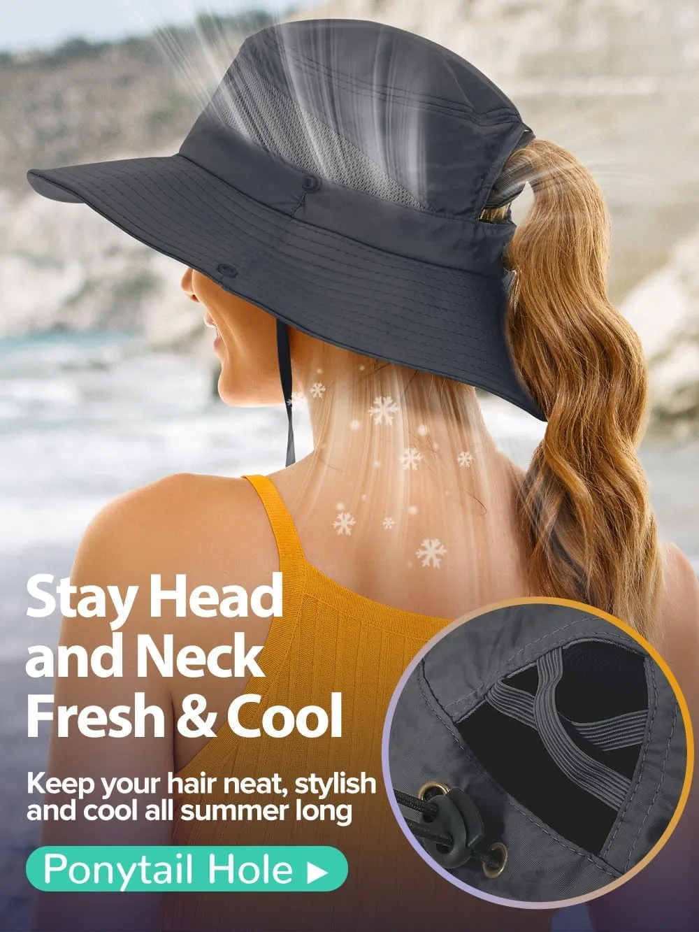 Sun Bucket Beach Hats for Women with Ponytail Hole,Sun Protection UV UPF50  Waterproof Fishing Safari Hiking Hat