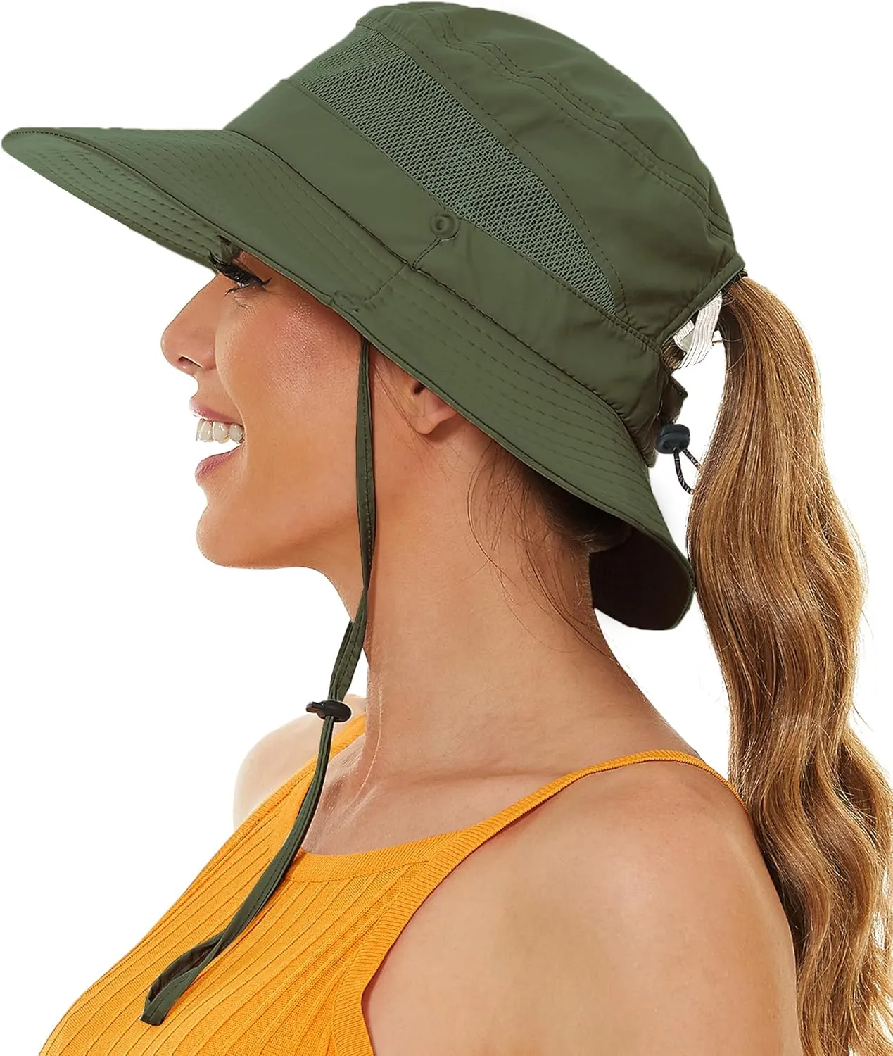 Sun Bucket Beach Hats for Women with Ponytail Hole,Sun Protection UV UPF50  Waterproof Fishing Safari Hiking Hat