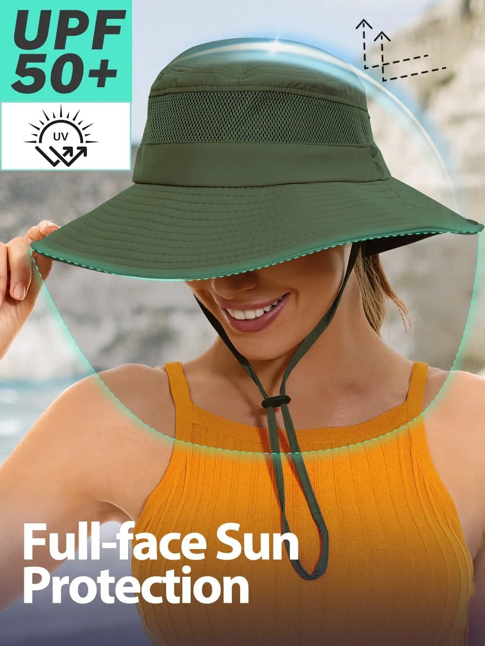 Sun Bucket Beach Hats for Women with Ponytail Hole,Sun Protection UV UPF50  Waterproof Fishing Safari Hiking Hat