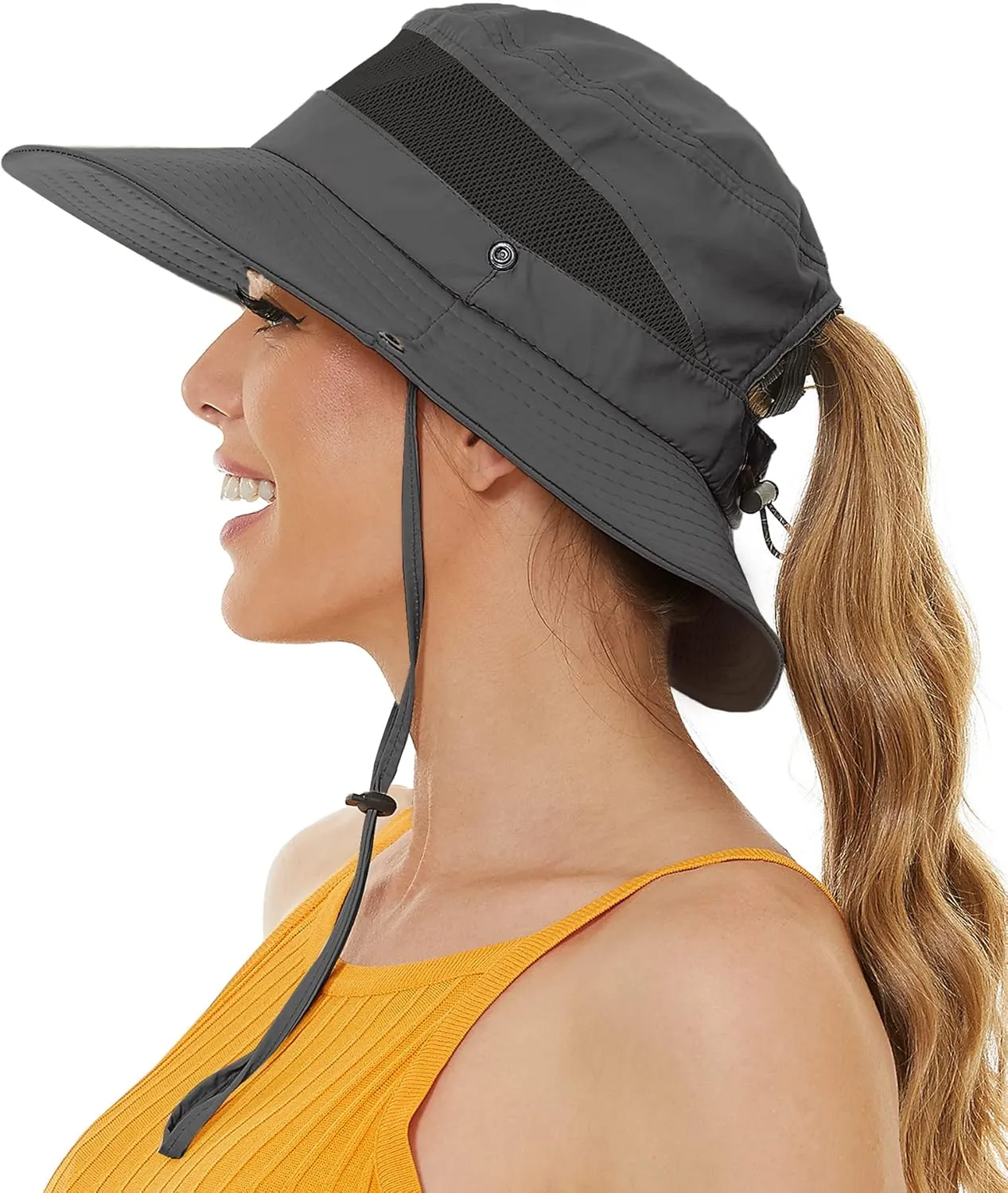 Sun Bucket Beach Hats for Women with Ponytail Hole,Sun Protection UV UPF50  Waterproof Fishing Safari Hiking Hat