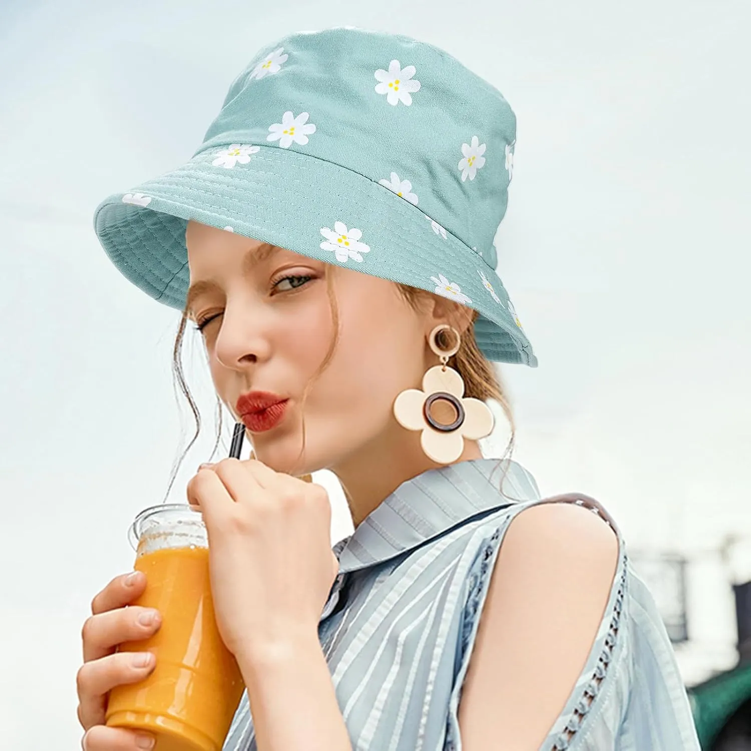 Sun Hat for Women Bucket Hat Cotton Reversible Summer Travel Beach Fishing Cap