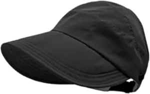 Sun Hats for Women Baseball Cap Uv Protection Wide Brim Visor Hat Women with Ponytail Hole Adjustable Empty Top Black
