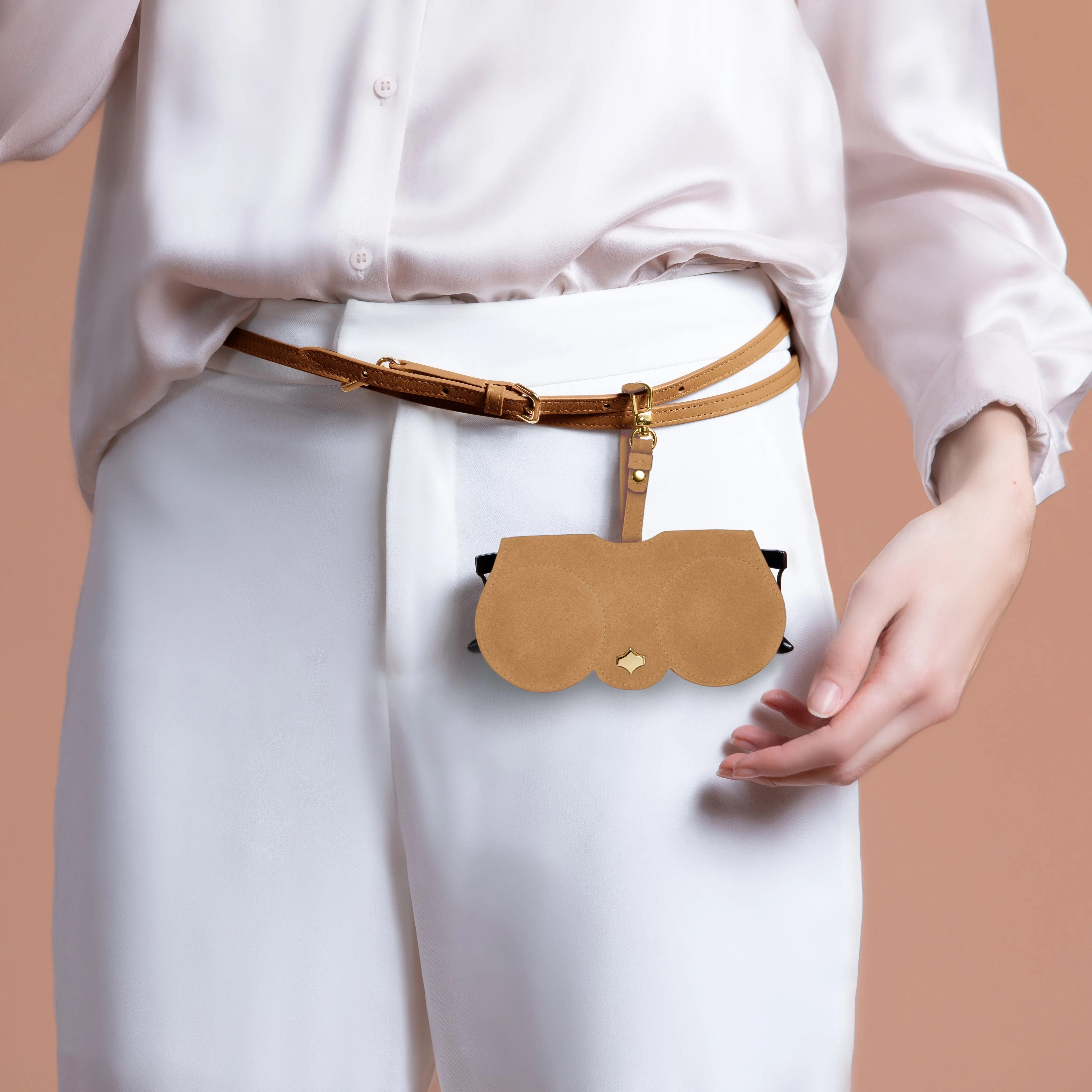 Sunglasses Case | Light Brown | Nubuck Leather Gold Plated
