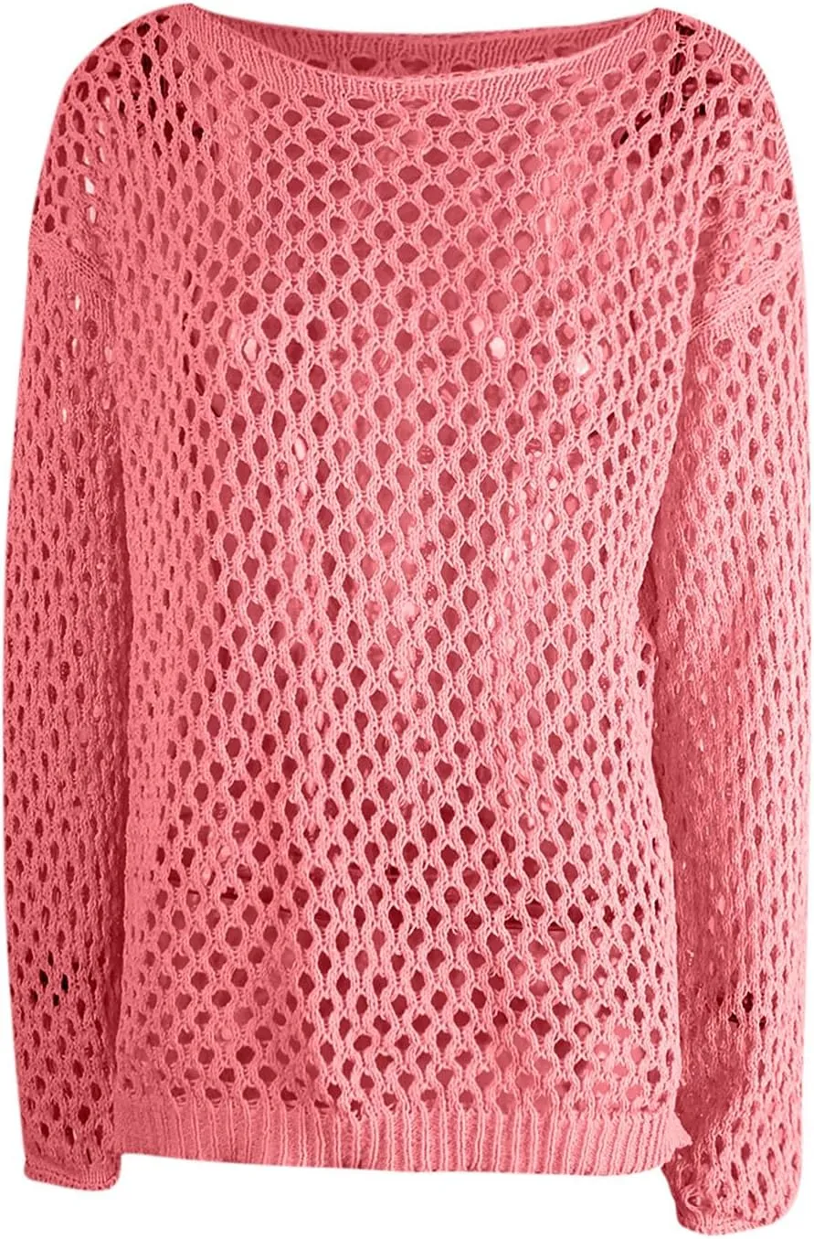 Swimsuit Coverup for Women Bathing Suit Cover ups Crochet Beach Dress Hollow Out Bikini Cover Up Long Sleeve Dresses