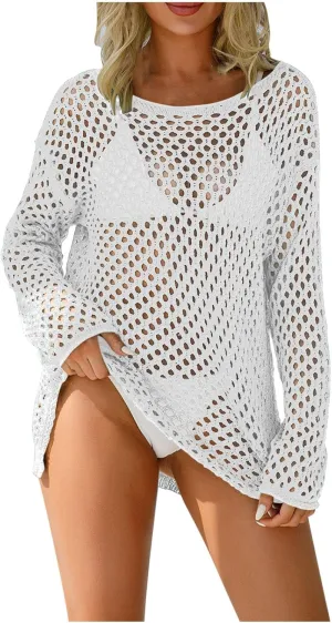 Swimsuit Coverup for Women Bathing Suit Cover ups Crochet Beach Dress Hollow Out Bikini Cover Up Long Sleeve Dresses