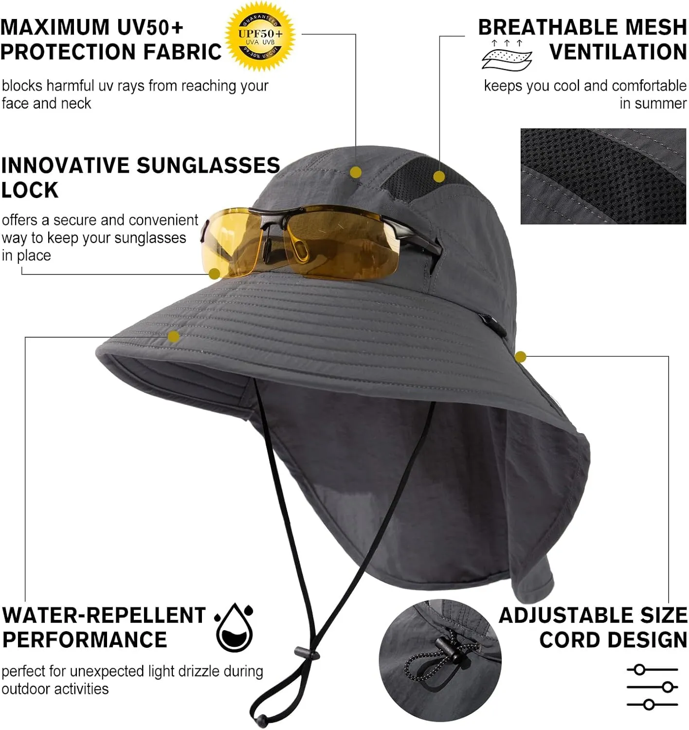 TOP-EX M/L/XL/XXL Unisex Mens Sun Hat with Neck Flap Sunglass Lock UPF 50 Wide Brim Fishing Hats Waterproof & Packable