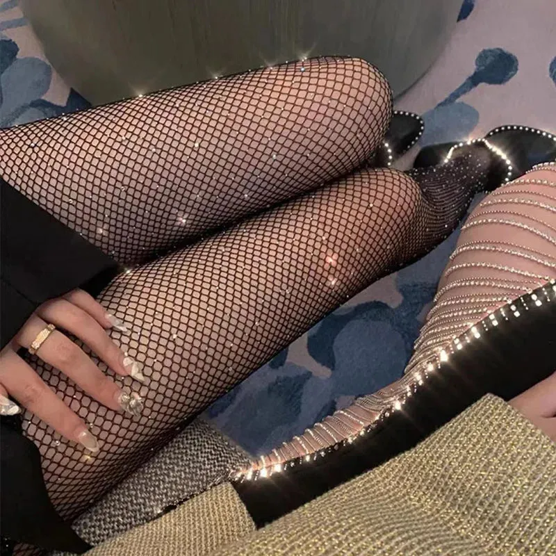 Trendy Fishnet Diamond Rhinestone Mesh Pantyhose
