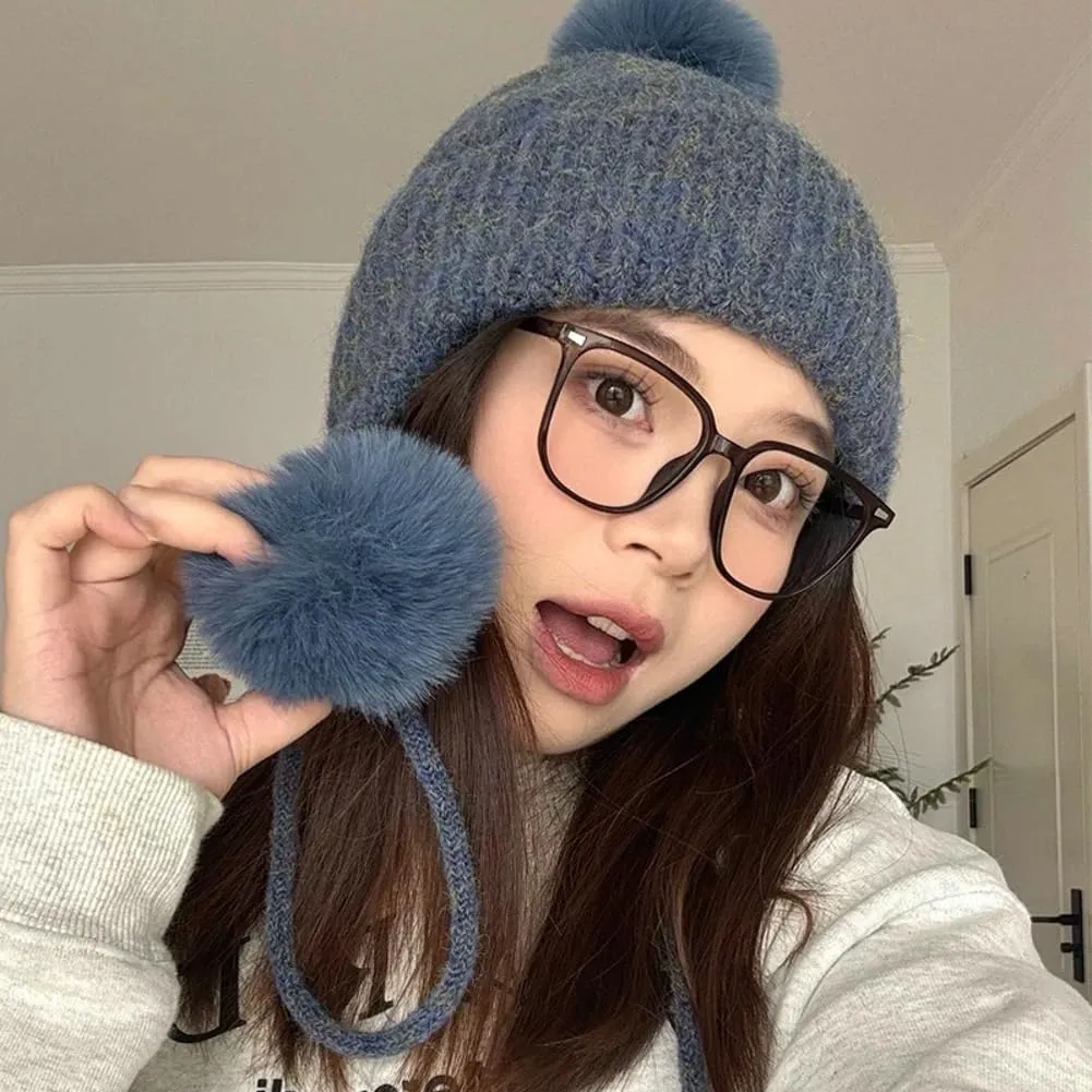 Trendy Knitted Hat Crochet Hat with Pompom Vintage Winter Warm Hat Earflap Hat Skull Cap Beanie Cap Outdoor for Women