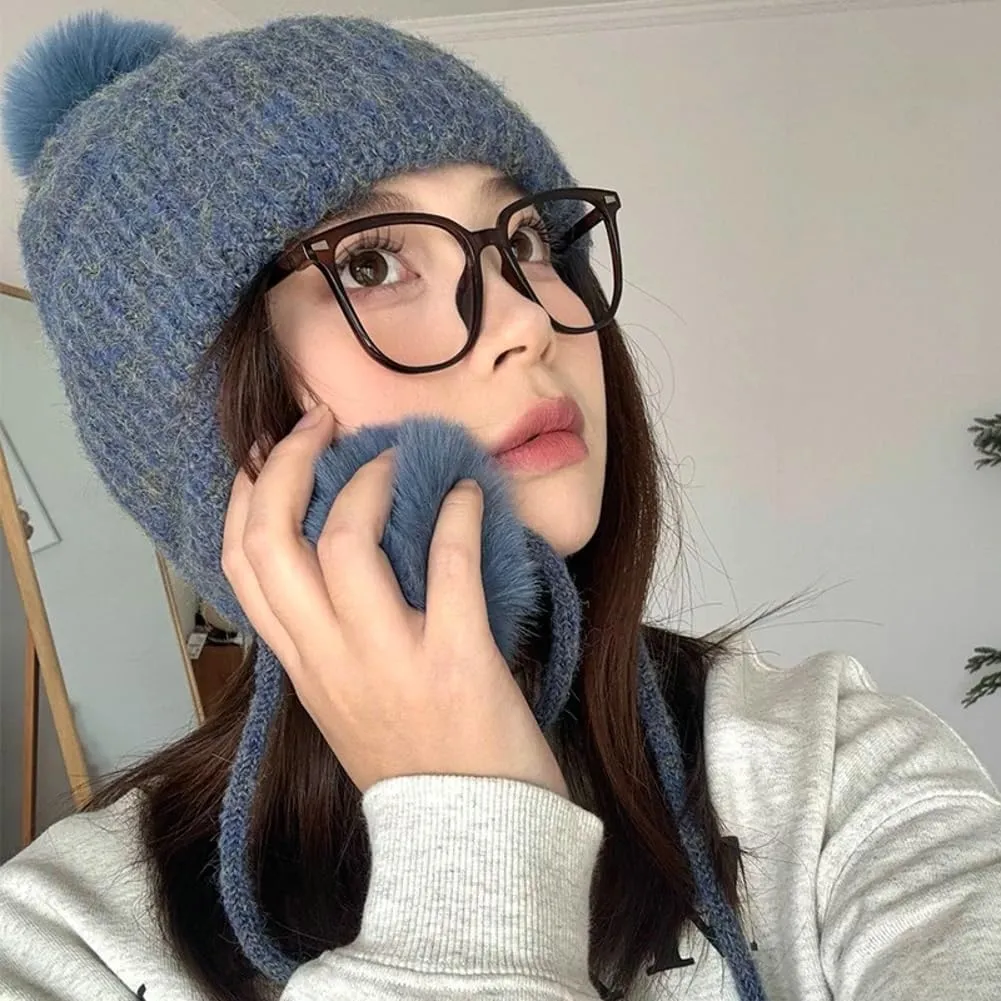 Trendy Knitted Hat Crochet Hat with Pompom Vintage Winter Warm Hat Earflap Hat Skull Cap Beanie Cap Outdoor for Women