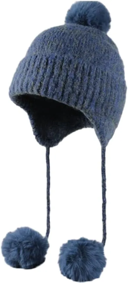 Trendy Knitted Hat Crochet Hat with Pompom Vintage Winter Warm Hat Earflap Hat Skull Cap Beanie Cap Outdoor for Women