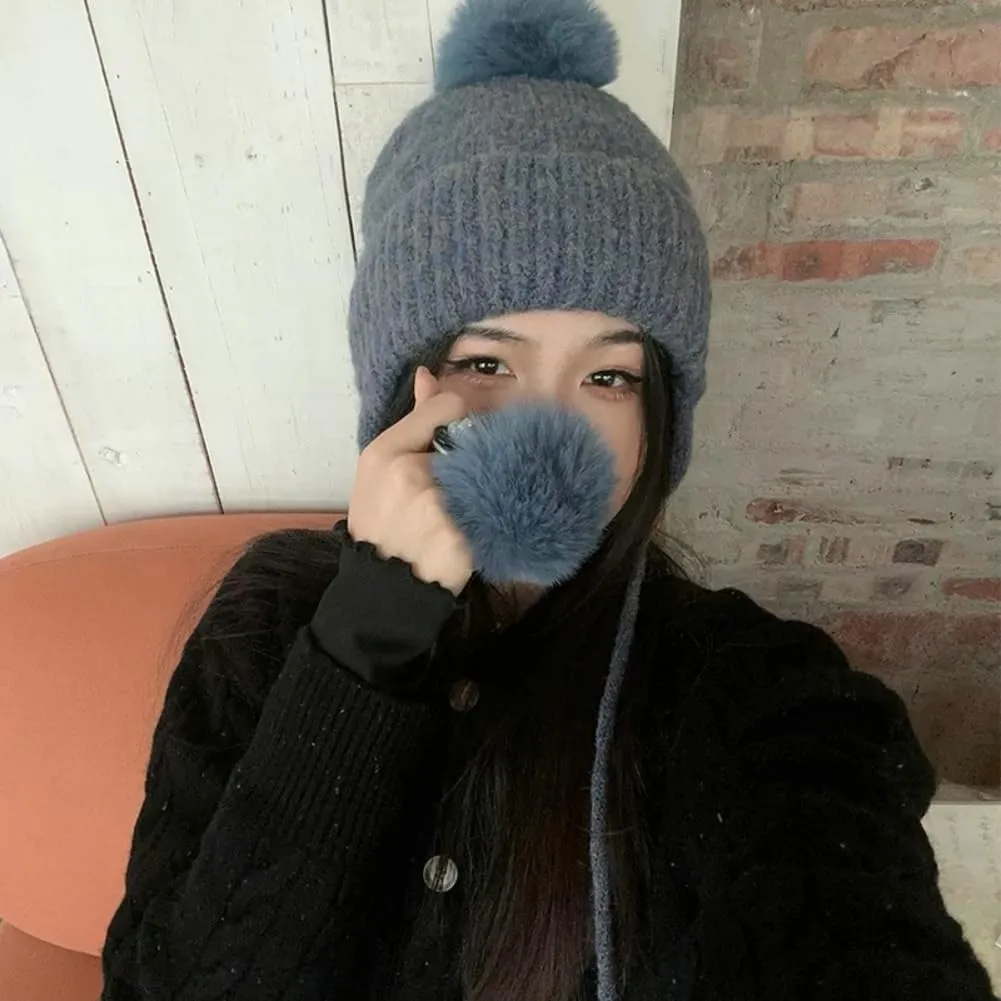 Trendy Knitted Hat Crochet Hat with Pompom Vintage Winter Warm Hat Earflap Hat Skull Cap Beanie Cap Outdoor for Women