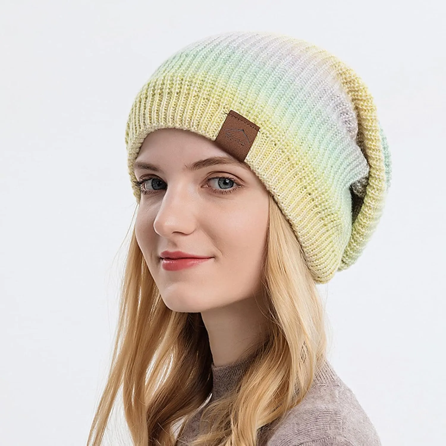 tuduoms Womens Tie Dye Hats Winter Wool Warm Rib Cable Knit Beanies Hat Teen Girls Trendy Cute Skull Ski Cap Pom Pom Beanie