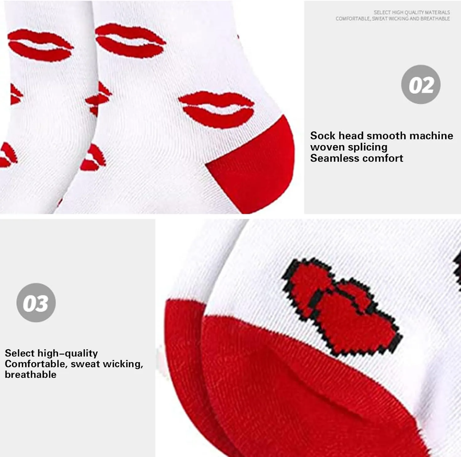 Unisex Romance Heart Lips Pattern Middle Calf Socks Novelty Fun Cotton Calf Socks for Lover Couples