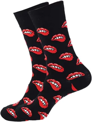 Unisex Romance Heart Lips Pattern Middle Calf Socks Novelty Fun Cotton Calf Socks for Lover Couples