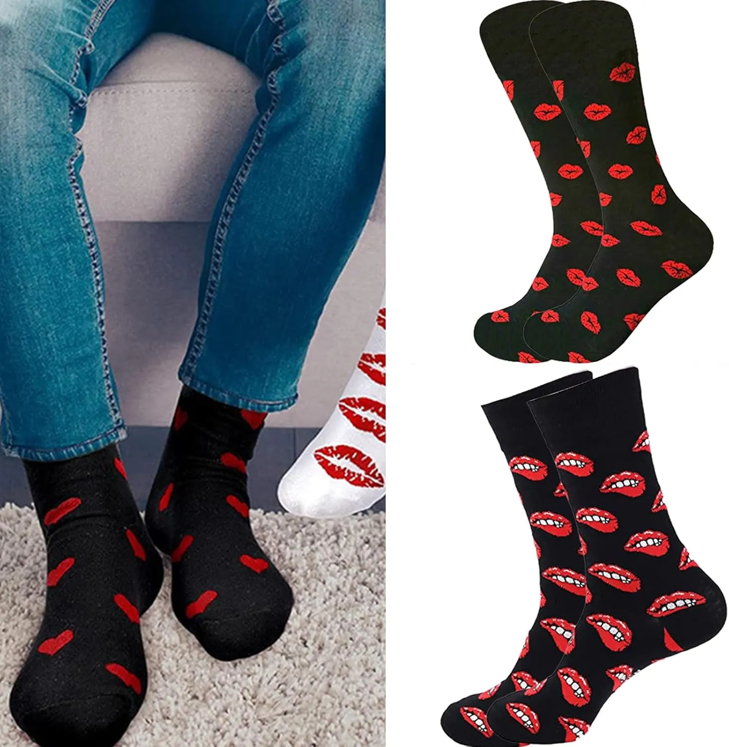 Unisex Romance Heart Lips Pattern Middle Calf Socks Novelty Fun Cotton Calf Socks for Lover Couples