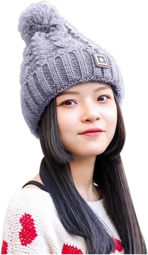 Unisex Winter Pompom Beanie Hat Thermal Lined Warm Hats, Thick Slouchy Snow Ski Knit Crossed Cap for Ladies