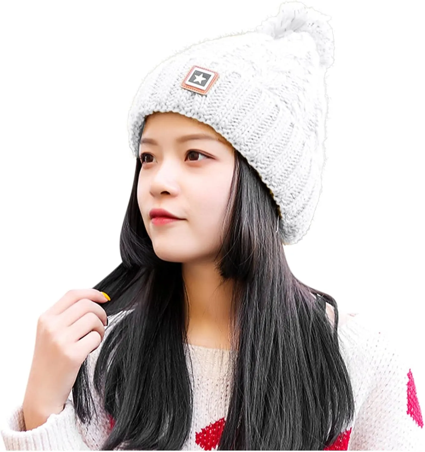 Unisex Winter Pompom Beanie Hat Thermal Lined Warm Hats, Thick Slouchy Snow Ski Knit Crossed Cap for Ladies