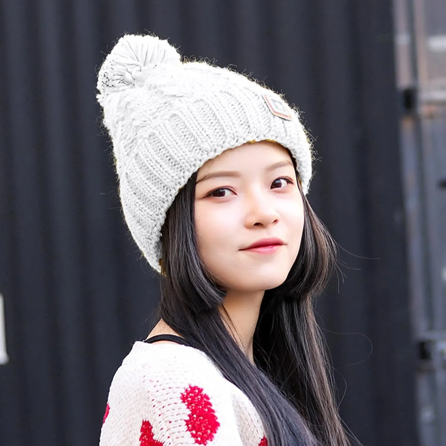 Unisex Winter Pompom Beanie Hat Thermal Lined Warm Hats, Thick Slouchy Snow Ski Knit Crossed Cap for Ladies