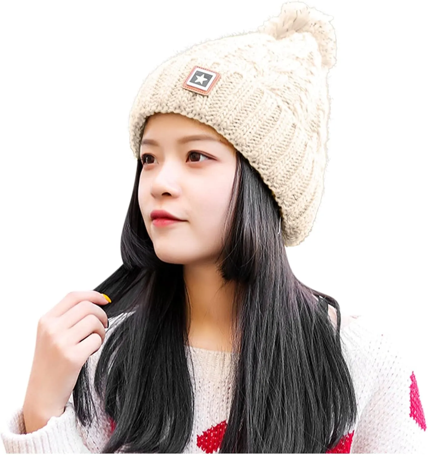 Unisex Winter Pompom Beanie Hat Thermal Lined Warm Hats, Thick Slouchy Snow Ski Knit Crossed Cap for Ladies