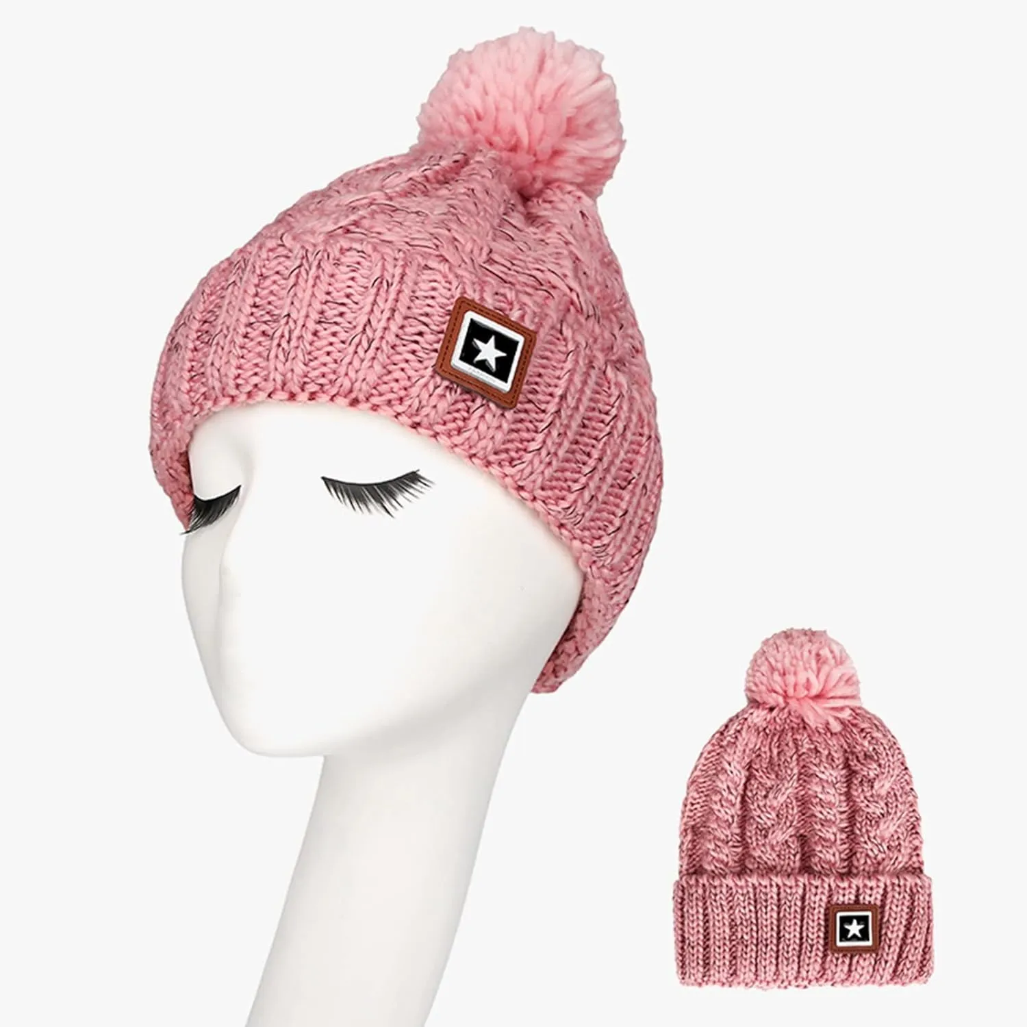 Unisex Winter Pompom Beanie Hat Thermal Lined Warm Hats, Thick Slouchy Snow Ski Knit Crossed Cap for Ladies