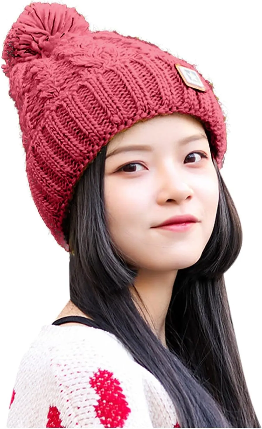 Unisex Winter Pompom Beanie Hat Thermal Lined Warm Hats, Thick Slouchy Snow Ski Knit Crossed Cap for Ladies