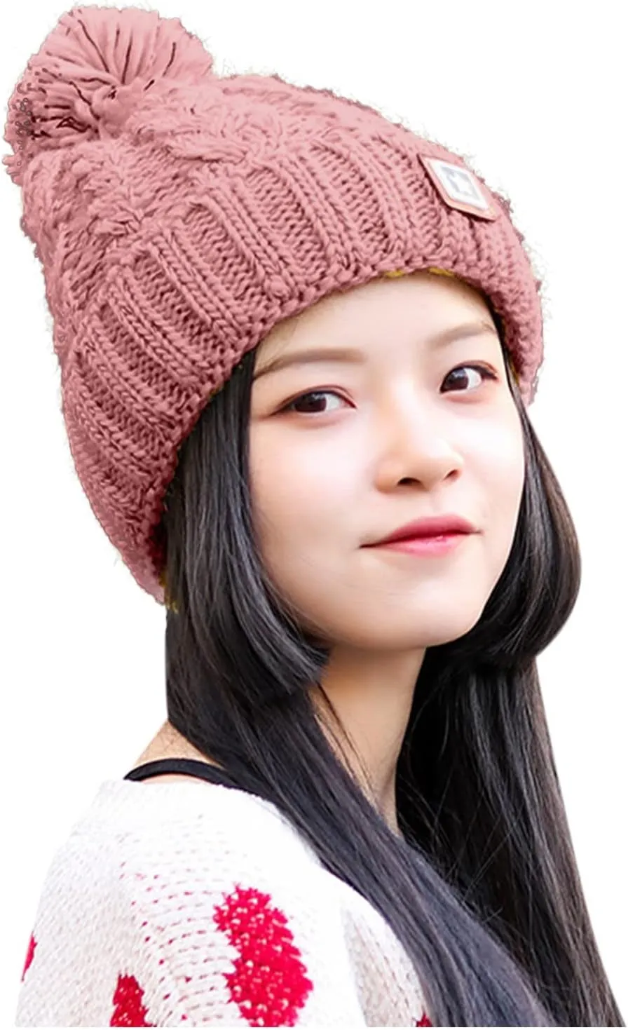 Unisex Winter Pompom Beanie Hat Thermal Lined Warm Hats, Thick Slouchy Snow Ski Knit Crossed Cap for Ladies