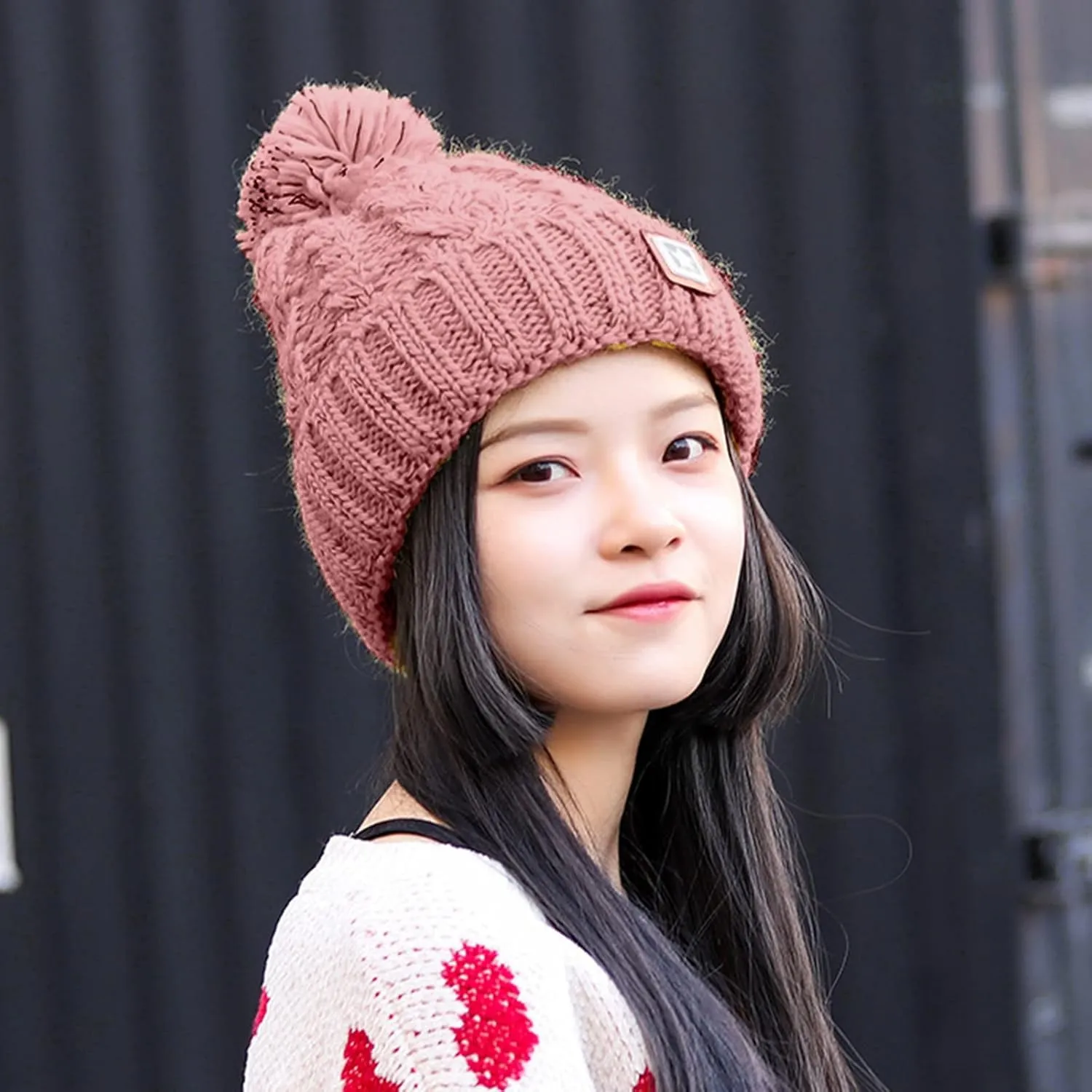 Unisex Winter Pompom Beanie Hat Thermal Lined Warm Hats, Thick Slouchy Snow Ski Knit Crossed Cap for Ladies