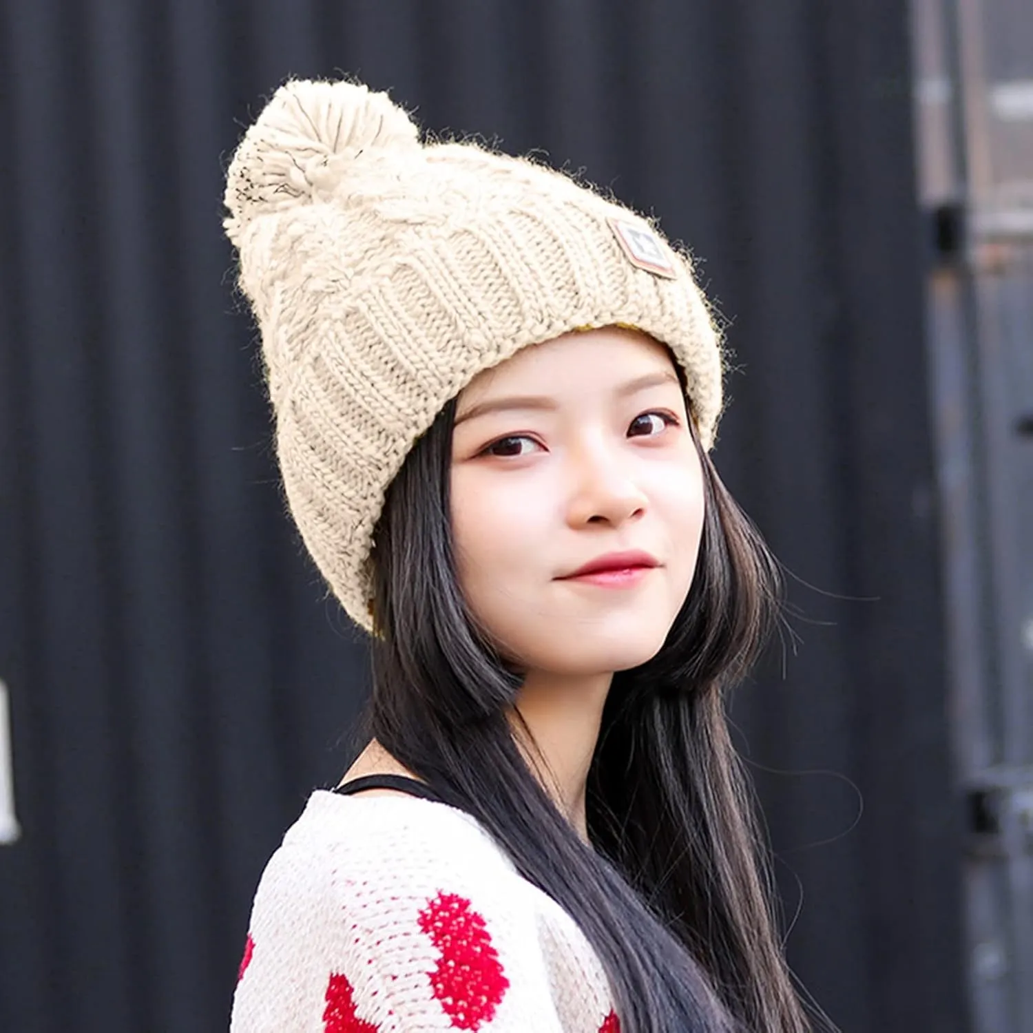Unisex Winter Pompom Beanie Hat Thermal Lined Warm Hats, Thick Slouchy Snow Ski Knit Crossed Cap for Ladies