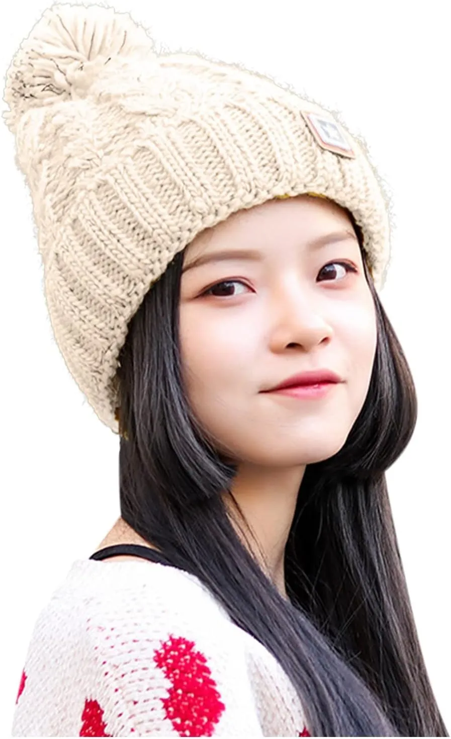 Unisex Winter Pompom Beanie Hat Thermal Lined Warm Hats, Thick Slouchy Snow Ski Knit Crossed Cap for Ladies