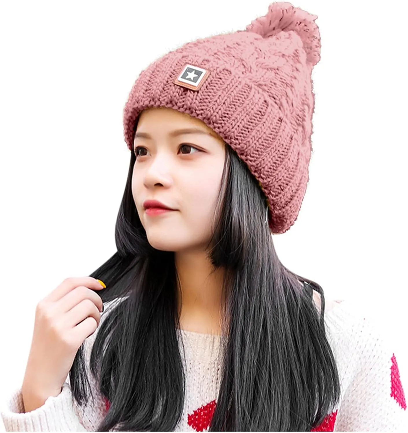 Unisex Winter Pompom Beanie Hat Thermal Lined Warm Hats, Thick Slouchy Snow Ski Knit Crossed Cap for Ladies