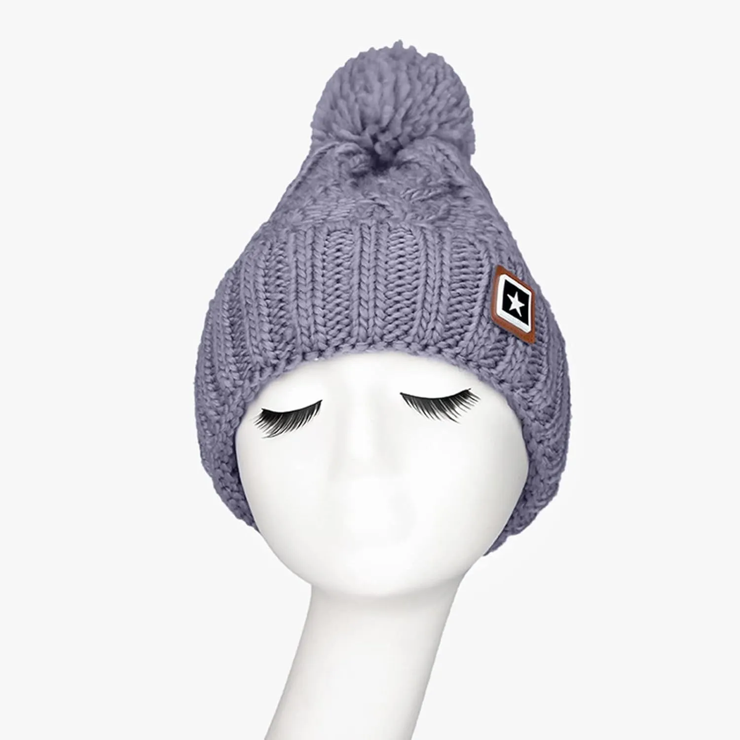Unisex Winter Pompom Beanie Hat Thermal Lined Warm Hats, Thick Slouchy Snow Ski Knit Crossed Cap for Ladies