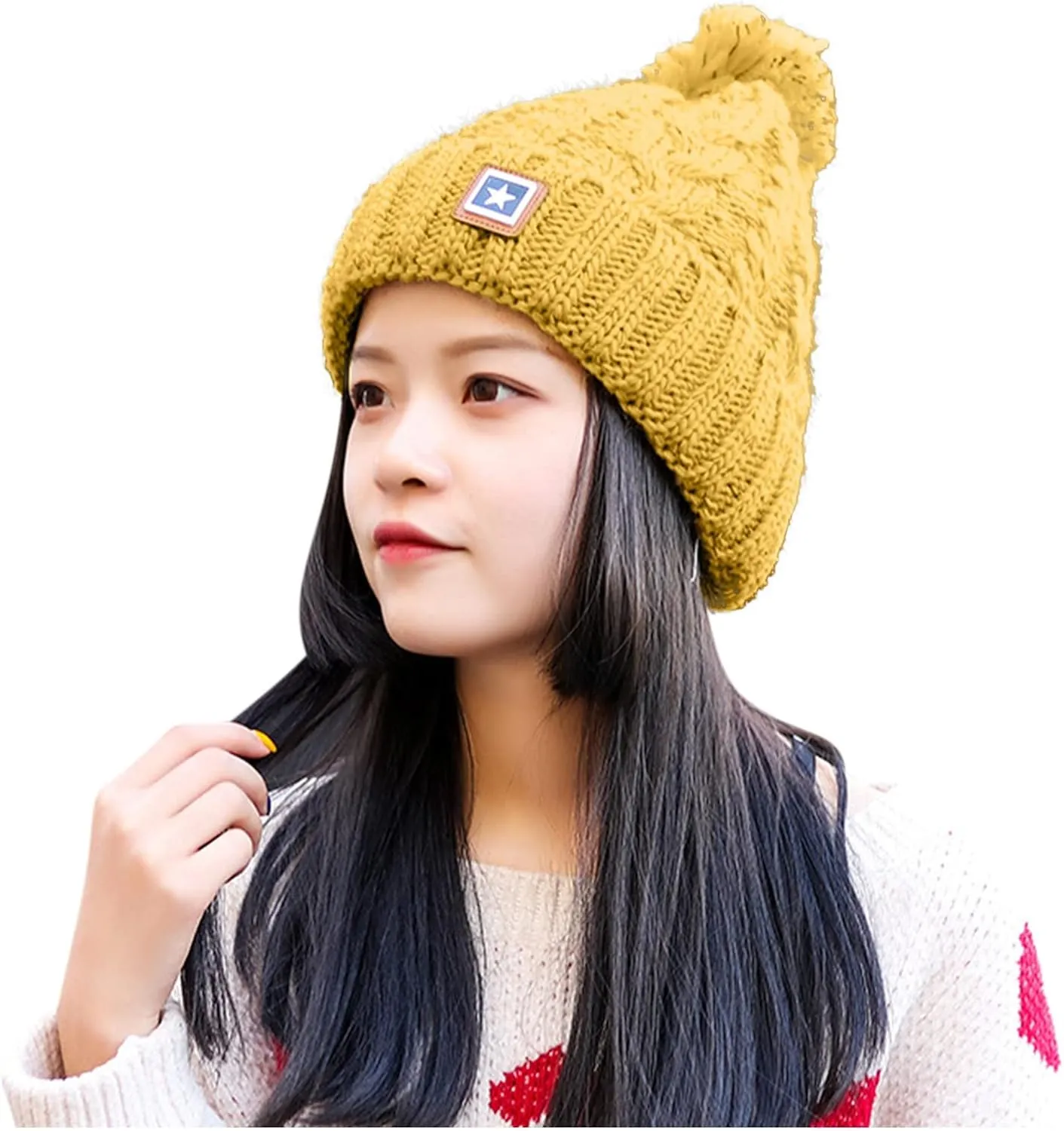 Unisex Winter Pompom Beanie Hat Thermal Lined Warm Hats, Thick Slouchy Snow Ski Knit Crossed Cap for Ladies