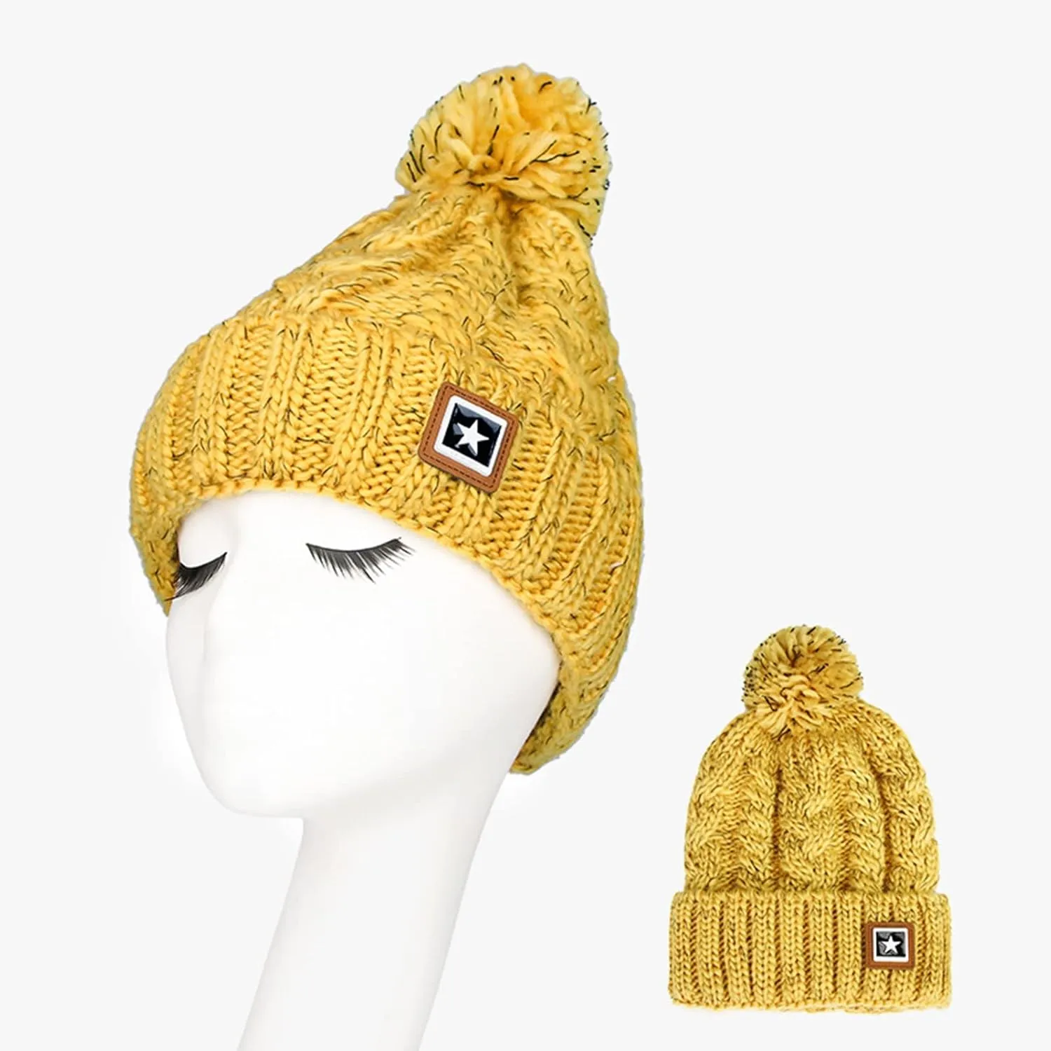 Unisex Winter Pompom Beanie Hat Thermal Lined Warm Hats, Thick Slouchy Snow Ski Knit Crossed Cap for Ladies