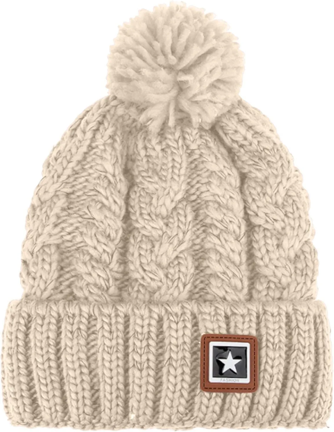 Unisex Winter Pompom Beanie Hat Thermal Lined Warm Hats, Thick Slouchy Snow Ski Knit Crossed Cap for Ladies
