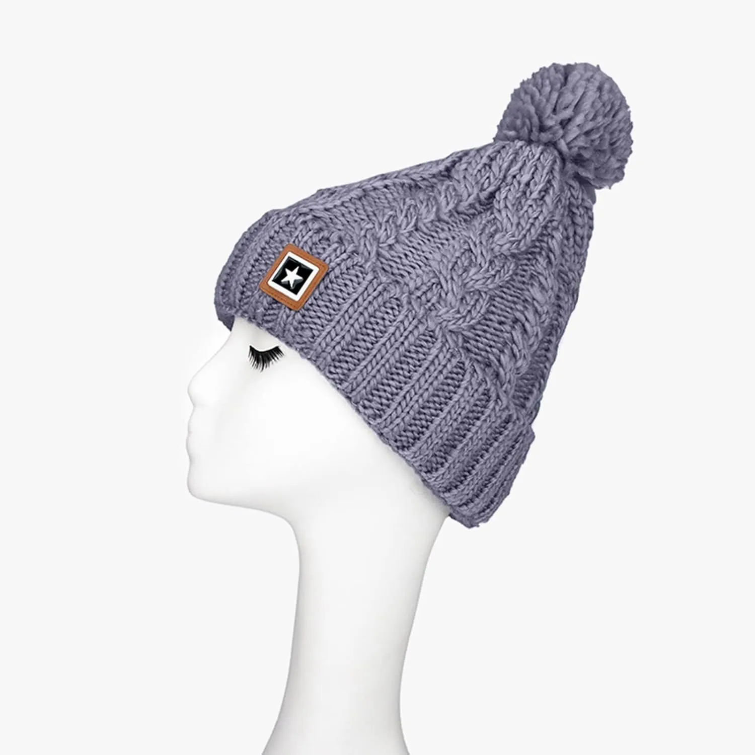 Unisex Winter Pompom Beanie Hat Thermal Lined Warm Hats, Thick Slouchy Snow Ski Knit Crossed Cap for Ladies