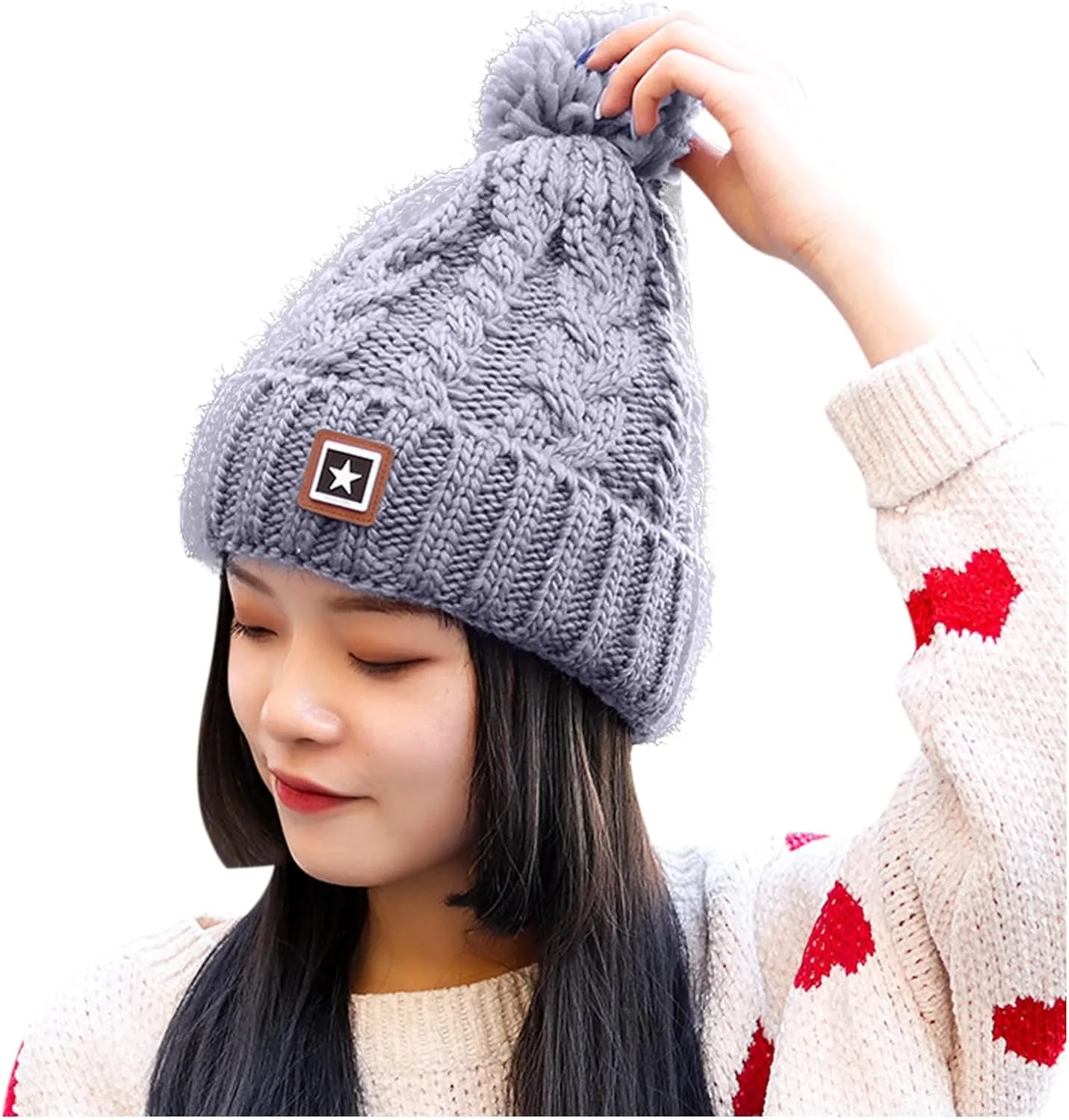 Unisex Winter Pompom Beanie Hat Thermal Lined Warm Hats, Thick Slouchy Snow Ski Knit Crossed Cap for Ladies